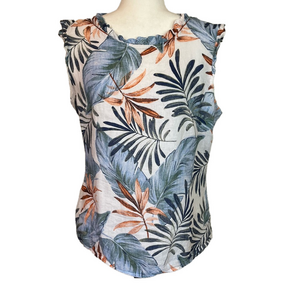 Spanner Women’s 100% Linen Sleeveless Tropical Pattern Tank Top Medium Ruffle